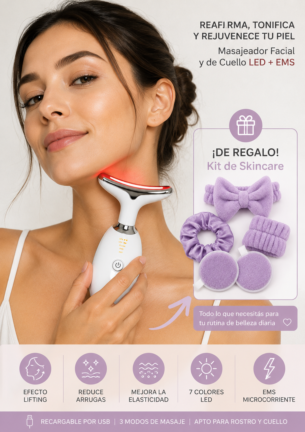 Modos de luz LED roja, verde y azul del masajeador facial maeven