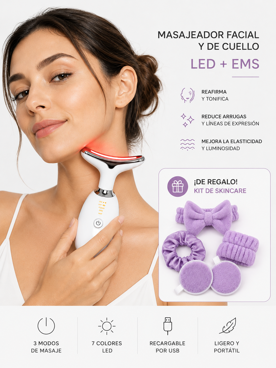 Ritual completo antiedad maeven: masajeador facial LED, parches de ojos y espejo LED